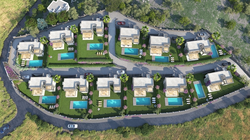 Villas in the picturesque area of Turkbukyu, surrounded by dense greenery. 