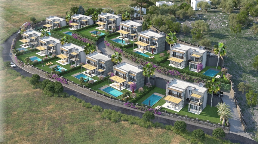 Villas in the picturesque area of Turkbukyu, surrounded by dense greenery. 