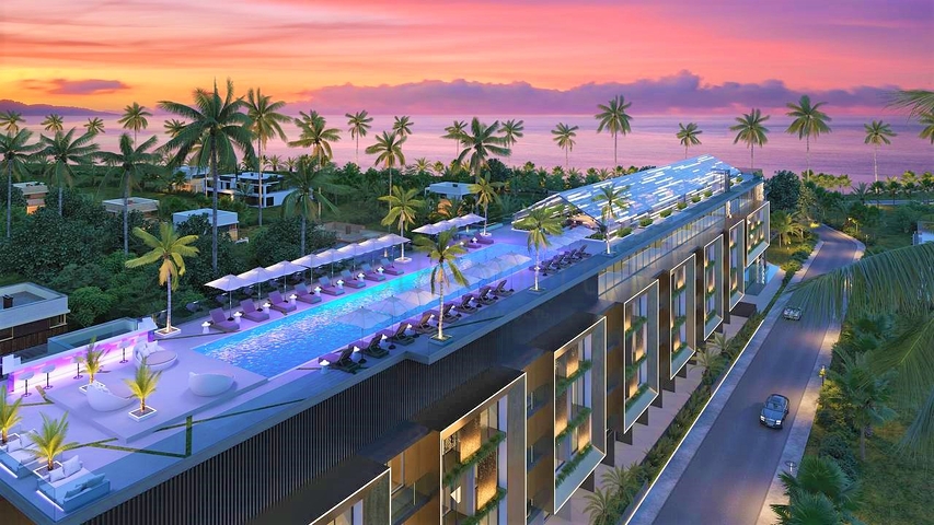 Luxury apartment complex on the first line of Bali ocean island