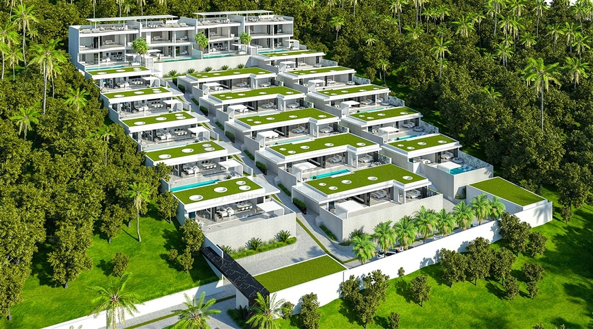 A complex of luxury California-style villas on the Southern slope of Bali Island